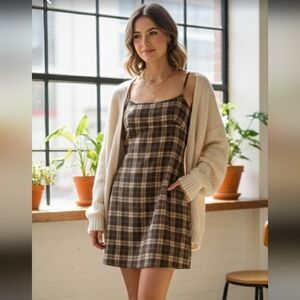 ARITZIA SUNDAY BEST Brown Plaid Adjustable Straps Mini Dress Size 8